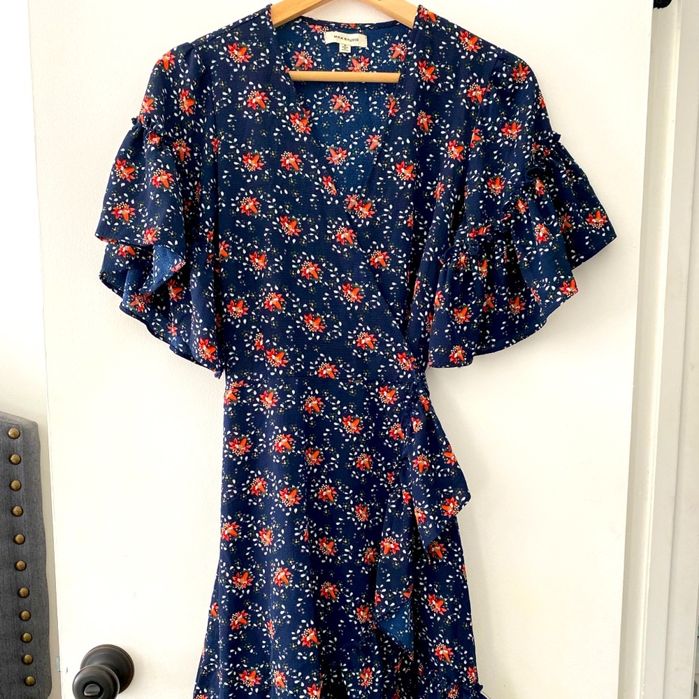 Women's Summer Wrap V Neck Ruffle Short Sleeve Mini Floral Dress with Belt